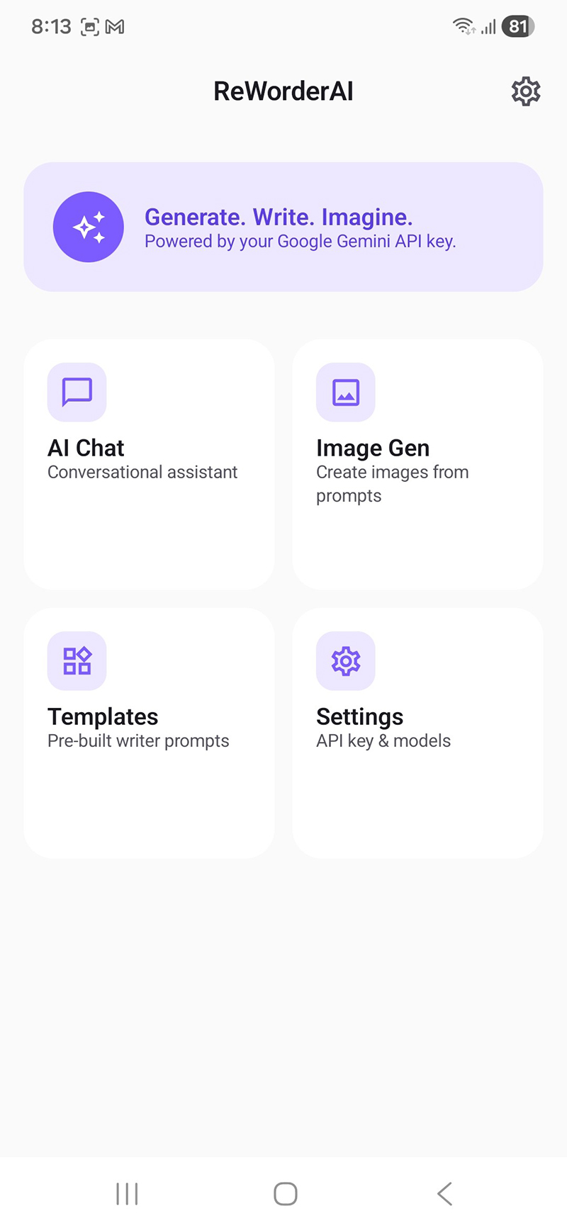 ReWorderAI home screen on Android with four feature tiles: AI Chat, Image Generator, Templates, Settings
