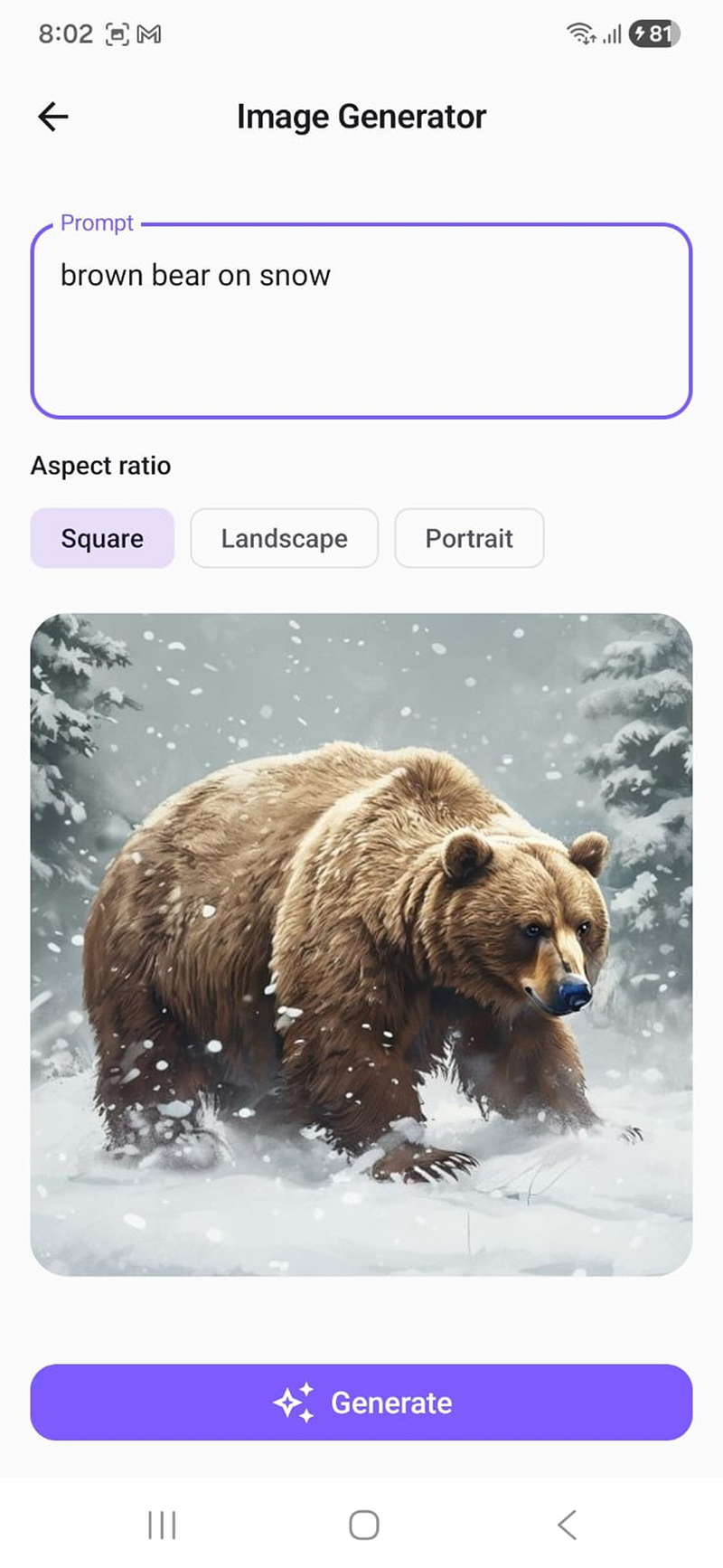 ReWorderAI Image Generator on Android showing a generated brown bear in snow