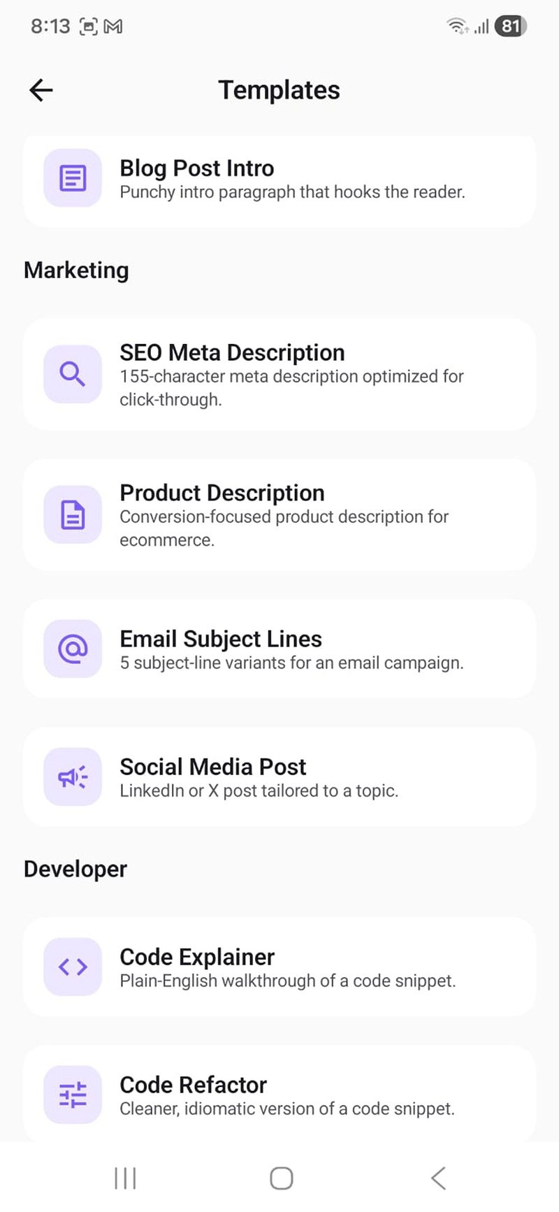 ReWorderAI Templates list on Android showing Blog Post Intro, SEO Meta Description, and other writing templates
